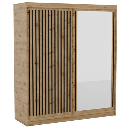 Szafa przesuwna z lustrem Delia 180 cm dąb artisan / czarny stylowa szafa z lamelami w kolorze drewna wpasuje się do każdej aranżacji