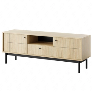 Szafka RTV Modesta 154 cm dąb linea prosta bryła w modnej kolorystyce subtelne metalowe uchwyty idealna do wnętrz w stylu japońskim