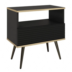 Szafka nocna z szufladą Luxury czarna elegancki design korpus zwieńczony złotą listwą szafka z ryflowanym frontem czarne wysokie nogi