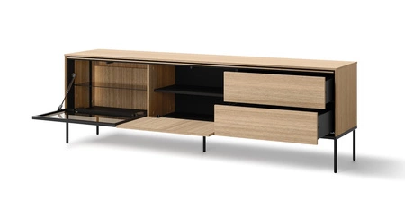 Szafka RTV Visso 197 cm dąb linearny nowoczesna szafka z oświetleniem LED praktyczne drzwi otwierane do dołu system push to open