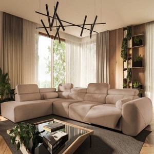 Narożnik z funkcją spania Cantare XI Lux łososiowy lewostronny komfortowy narożnik do salonu z podnoszonym podnóżkiem miękka tkanina