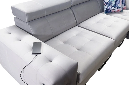 Narożnik z funkcją spania Hampton VIII granatowy prawostronny nowoczesny design narożnik rozkładany do salonu funkcjonalna dostawka