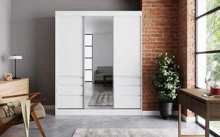 Szafa przesuwna z lustrem Haidar 180 cm biała funkcjonalna i użytkowa szafa z szufladami doskonała do mniejszych pomieszczeń