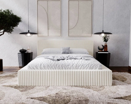 Łóżko tapicerowane Tilo 160x200 kremowe nowoczesny design łóżko z pojemnikiem na pościel z komfortowym zagłówkiem tkanina z wyrazistymi prążkami