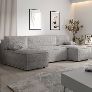 Narożnik z funkcją spania Brandon U szary popiel pojemnik na pościel miękka tkanina o charakterystycznej pętelkowej powierzchni