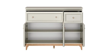 Komoda z szufladami Windsor 136 cm beżowy / dąb elegancki design komoda wsparta na drewnianych dębowych nogach uchwyty w kolorze miedzi