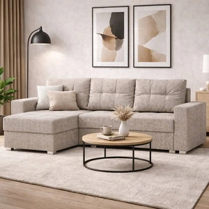 Narożnik z funkcją spania Pablos beżowy uniwersalny narożnik z pojemnikiem na pościel dekoracyjne pikowania na siedzisku