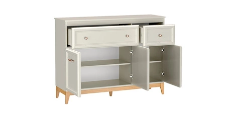 Komoda z szufladami Windsor 136 cm beżowy / dąb elegancki design komoda wsparta na drewnianych dębowych nogach uchwyty w kolorze miedzi