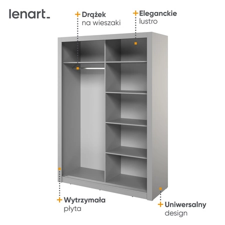 Szafa przesuwna z lustrem Arti 150 cm szara pojemna szafa do przedpokoju drzwi szafy wykończone lustrami w ciekawej konfiguracji
