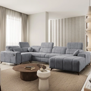 Narożnik z funkcją spania Penejos IV szary prawostronny stylowy narożnik rozkładany z dwoma pojemnikami na pościel trwała tkanina