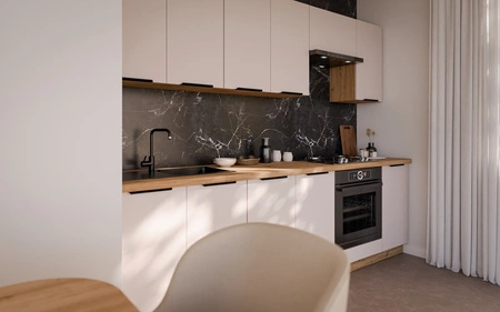 Zestaw mebli kuchennych Soela 260 cm eleganckie szafki kuchenne z metalowymi uchwytami krawędziowymi subtelna naturalna kolorystyka