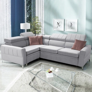 Narożnik z funkcją spania Rava II szary popiel lewostronny velvet wygodny narożnik z pojemnikiem na pościel wielofunkcyjna lampka