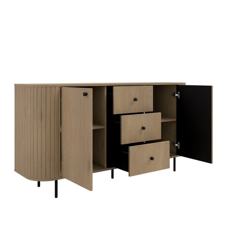 Zestaw mebli Ovalio dąb cremona stylowa meblościanka do salonu bryły o nietuzinkowym owalnym kształcie ozdobione starannymi frezami