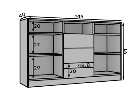 Komoda z szufladami Atson 145 cm dąb odwieczny / czarny stylowa komoda do salonu z pojemnymi szufladami oryginalny kształt frontów