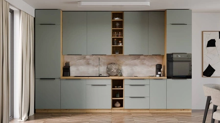 Zestaw mebli kuchennych Treviso Ar 370 cm stylowe szafki kuchenne z frontami wykonanymi w technologii anti fingerprint metalowe uchwyty