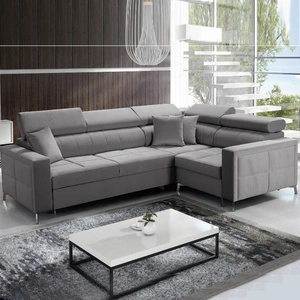 Narożnik z funkcją spania Nausa II szary prawostronny velvet dekoracyjne przeszycia na siedzisku narożnik z pojemnikiem na pościel