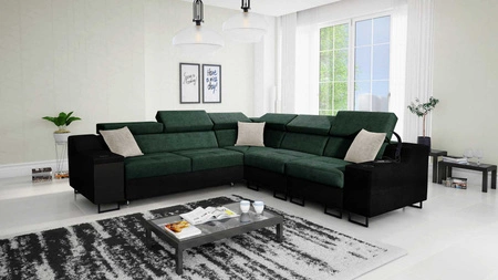 Narożnik z funkcją spania Alcamo III zielony / czarny prawostronny funkcjonalny narożnik z szufladą w boczku dwa pojemniki na pościel