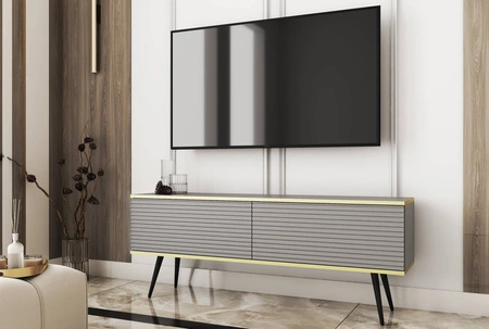 Szafka RTV Luxury 135 cm szara elegancki design stylowy ryflowany front korpus zwieńczony złotą listwą czarne metalowe nogi