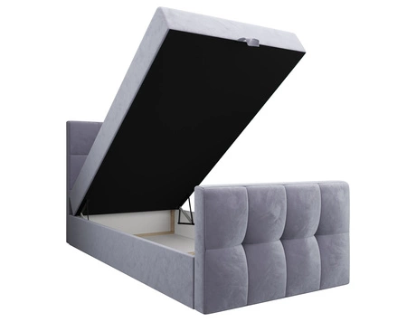 Łóżko kontynentalne Manhattan 120x200 błękitne w nowoczesnym skandynawskim stylu z tapicerowanym zagłówkiem i zanóżkiem łóżko z pojemnikiem