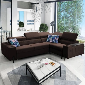 Narożnik z funkcją spania Belvi II brązowy prawostronny elegancki i ergonomiczny narożnik do salonu praktyczny schowek w boczku