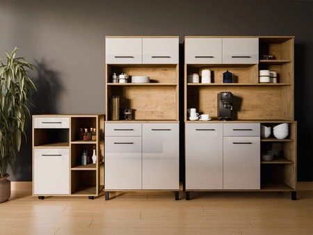 Zestaw mebli kuchennych Vento 270 cm dąb lancelot / biały połysk zestaw z szafką na kółkach idealne do aranżacji małego aneksu kuchennego