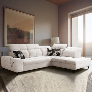 Narożnik z funkcją spania Buffalo VII kremowy prawostronny stylowy narożnik rozkładany z pojemnikami na pościel welurowa tkanina