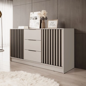 Komoda z szufladami Aspen 155 cm beżowa / czarne lamele nowoczesny design mebla drzwi komody ozdobione lamelami