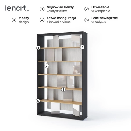 Regał Fitt 125 cm grafit / dąb / szary połysk nowoczesny regał do biura lub salonu bryła wyposażona w klimatyczne oświetlenie LED