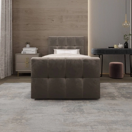 Łóżko kontynentalne Manhattan 120x200 jasny brąz w nowoczesnym skandynawskim stylu z tapicerowanym zagłówkiem i zanóżkiem łóżko z pojemnikiem