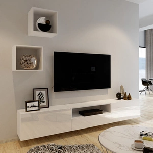 Meblościanka Mistra biała / biały połysk uniwersalna i stylowa meblościanka do salonu minimalistyczny design w nowoczesnej aranżacji