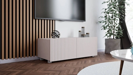 Szafka RTV Colder 100 cm beżowa z możliwością podwieszenia stylowy ryflowany front elegancka forma mebla w nowoczesnym stylu