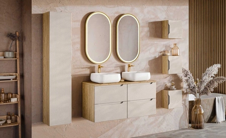 Szafka pod umywalkę Luxor 80 cm dąb olejowany / beżowy nowoczesny design szafki ciekawe trójwymiarowe ryflowania na frontach