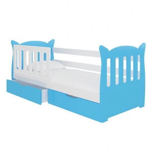 Łóżko Lena 75x160 cm niebieski / biały komfortowe łóżko z materacem do pokoju dziecięcego wyposażone w barierkę ochronną i szuflady