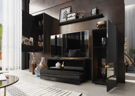 Meblościanka Olimpia czarna / czarny połysk uniwersalna i stylowa meblościanka do salonu proste bryły wpisujące się w każde wnętrze