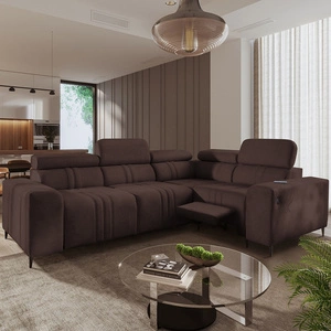 Narożnik z funkcją spania Castel II Lux brązowy prawostronny wygodny narożnik do salonu z komfortowym wysuwanym podnóżkiem