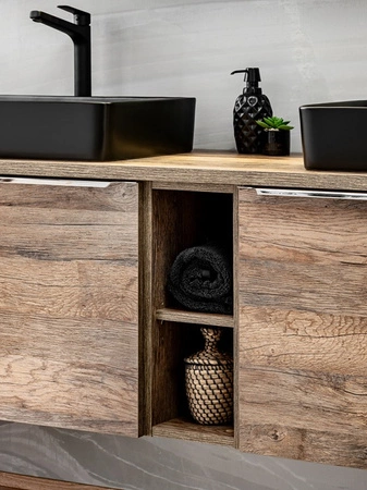 Zestaw mebli łazienkowych Santa Fe dąb vintage zestaw mebli z szafkami pod umywalki nablatowe metalowe uchwyty krawędziowe