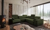 Narożnik z funkcją spania Tesalia III Lux zielony lewostronny komfortowy narożnik z wysuwanym podnóżkiem funkcja przesuwanego oparcia