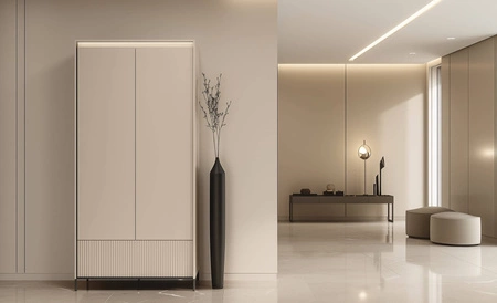 Szafa Trend 101 cm beżowa nowoczesna szafa do przedpokoju z pojemną szufladą wzbogacona o oświetlenie system otwierania push to open