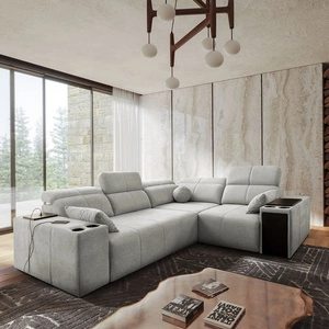 Narożnik z funkcją spania Tesalia II szary popiel prawostronny komfortowy narożnik do salonu z przesuwanym oparciem pojemnik na pościel