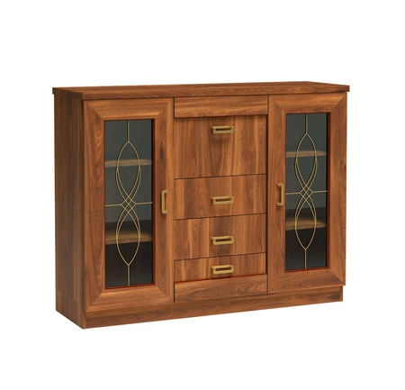 Komoda z szufladami Tade 140 cm dąb stuletni gustowna stylistyka komoda ozdobina subtelnymi ornamentami na szklanym froncie idealna do salonu