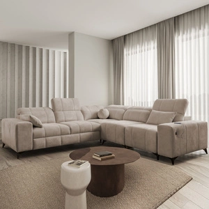 Narożnik z funkcją spania Penejos III ciemny beżowy prawostronny wygodny i komfortowy narożnik do salonu dwa pojemniki na pościel