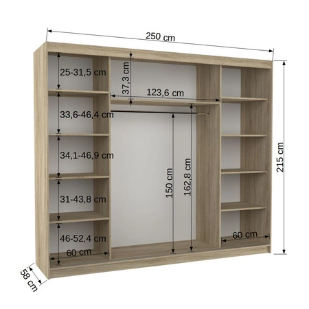 Szafa przesuwna z lustrem Salto 250 cm dąb sonoma czekolada estetycznie wykonana szafa do sypialni ozdobne listwy na frontach