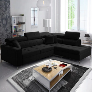 Narożnik z funkcją spania Nausa III czarny prawostronny velvet stylowy komfortowy narożnik regulowane zagłówki pojemnik na pościel