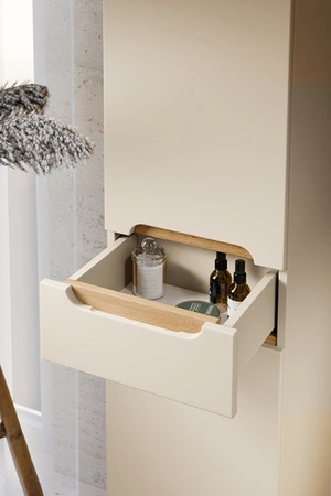 Zestaw mebli łazienkowych Bali beżowy / dąb wotan nowoczesne szafki do łazienki stylowe frezowane uchwyty stabilna podstawa