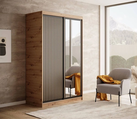 Szafa przesuwna z lustrem Delia 120 cm dąb artisan / czarny stylowa szafa z lamelami w kolorze drewna wpasuje się do każdej aranżacji