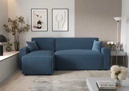 Narożnik z funkcją spania Brandon Bis niebieski lewostronny trójwymiarowa tkanina o wyrazistych prążkach pojemnik na pościel