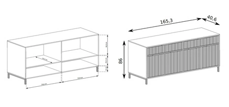 Komoda z szufladami Linka 165 cm indigo elegancki design geometrczny kształt bryły osadzony na metalowych nogach gustowny ryflowany front