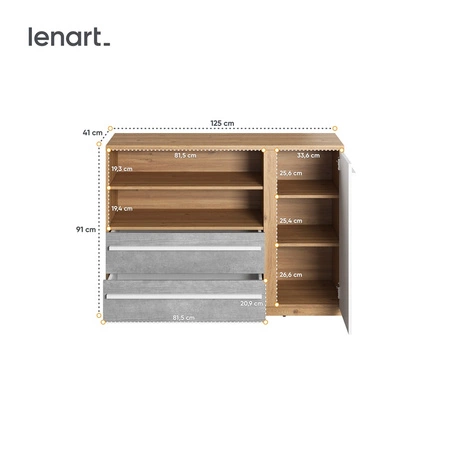 Komoda z szufladami Plano 125 cm dąb nash / biały / beton modna komoda idealna do pokoju młodzieżowego lub pokoju dziecka