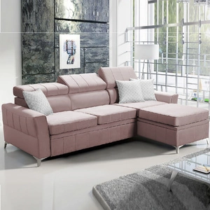Narożnik z funkcją spania Rava lawendowy róż prawostronny velvet komfortowy i funkcjonalny narożnik z regulowanymi zagłówkami