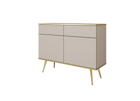 Komoda z szufladami Luxury 107 cm beżowa stylowa komoda z ryflowanymi frontami korpus zwieńczony złotą listwą złote metalowe nogi